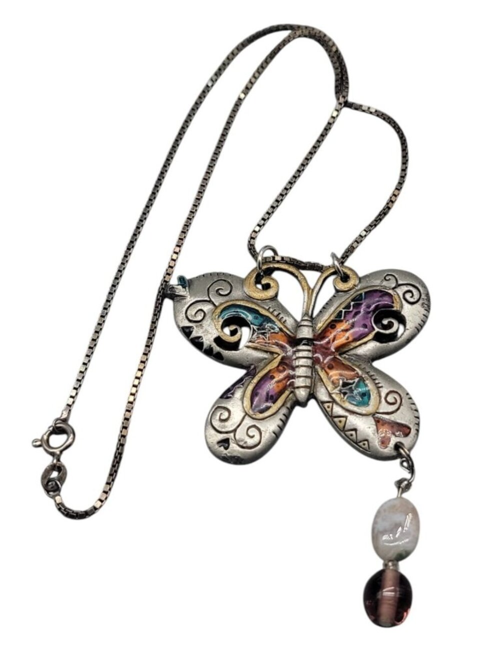 Sterling Silver Butterfly Pendant Necklace Enamel Inlaid 15" 925 Choker Chain - Picture 11 of 16
